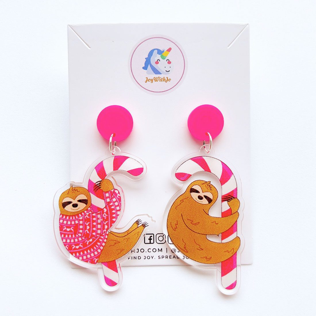 Cute Candy Cane Sloth Christmas Earrings Joy With Jo